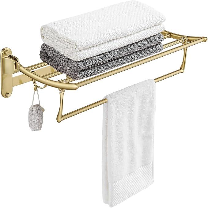 BESy 24 Inch Brushed Gold Towel Racks, Bathroom Towel Shelf with Foldable Towel Bar Holder and Towel Hooks, Wall Mounted Multifunctional Bathroom Accessories, Double Towel Bars - ModernBath