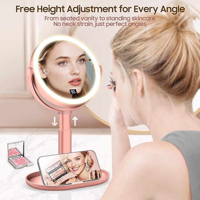 GOMIPURU Makeup Magnifying Mirror with Light 30X/1X, Digital Display, 2-Sided Touch Control, Makeup Mirror with 3 Color Lights,360° Rotate, Height Adjustable Lighted Magnifying Mirrors for Desk Travel - ModernBath