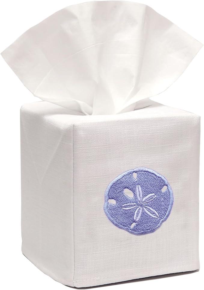 Jacaranda Living Square Tissue Box Cover, Linen/Cotton Fabric Tissue Holder, Decorative Cloth Tissue Cube Cover, Coastal Designs Sand Dollar (Blue) - ModernBath