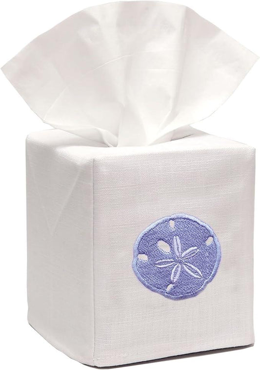 Jacaranda Living Square Tissue Box Cover, Linen/Cotton Fabric Tissue Holder, Decorative Cloth Tissue Cube Cover, Coastal Designs Sand Dollar (Blue) - ModernBath