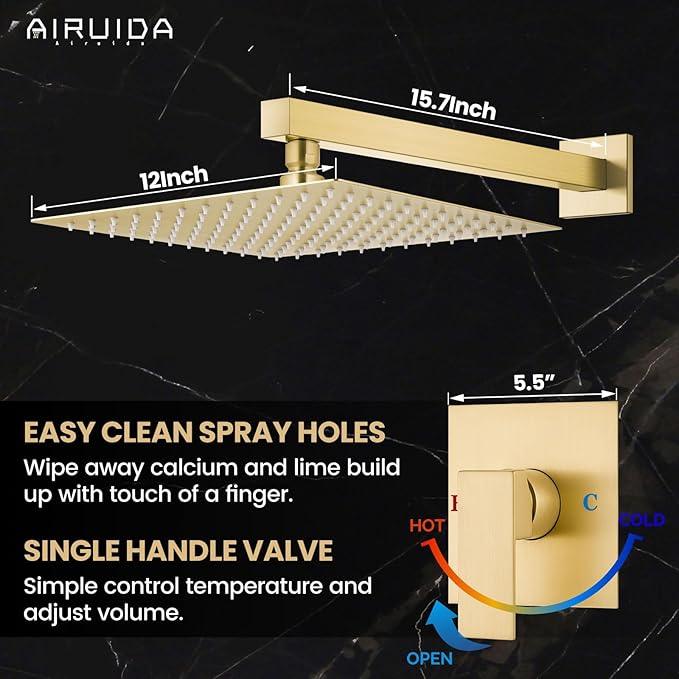 Airuida Shower Faucet Set Bathroom Rain Shower System SUS304 Stainless Steel Single Handle With Male Threads Rough-in Valve Shower Trim Kit 12 Inch Wall Mount Shower Head Brushed Gold - ModernBath
