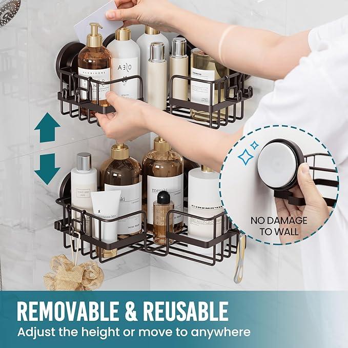 TAILI 2 Pack Powerful Suction Cup Shower Caddy Corner-adaptive, Stainless Steel Rustproof Shower Shelves with Hook, Drill-Free Wall Suction Baskets, Large Capacity Removable Bathroom Organizer, Brown - ModernBath