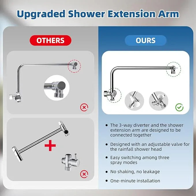 12" All Metal Shower Head, High Pressure Rainfall Shower Head/Handheld Showerhead Combo with 11" Adjustable Shower Extension Arm, 71" Hose, Shower Head Holder, Chrome - ModernBath