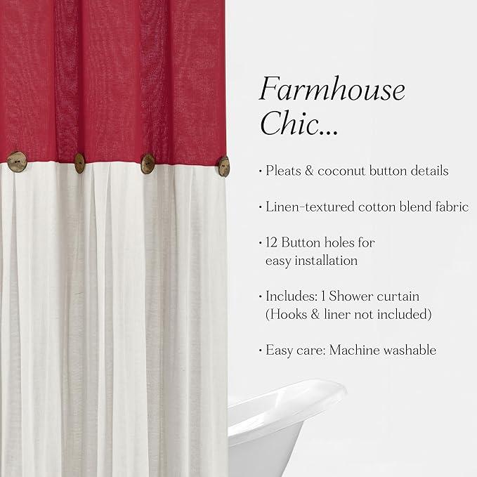 Lush Decor Linen Button Shower Curtain, 72" W x 72" L, Red & Off White - Red Bathroom Curtain - Fabric Shower Curtains - Farmhouse Bathroom Decor - ModernBath