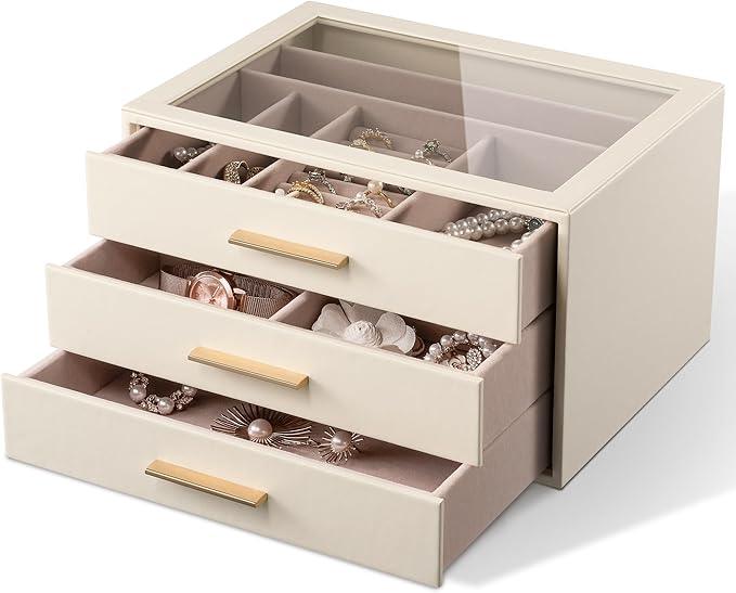 pickpiff Jewelry Box Organizer Case for Women: 3-Layer Jewelry Storage Case with Glass Window, Ivory Leather with Pink Velvet, Holder for Ring Necklace Bracelet Brooch Watch, Great Gift for Her - ModernBath