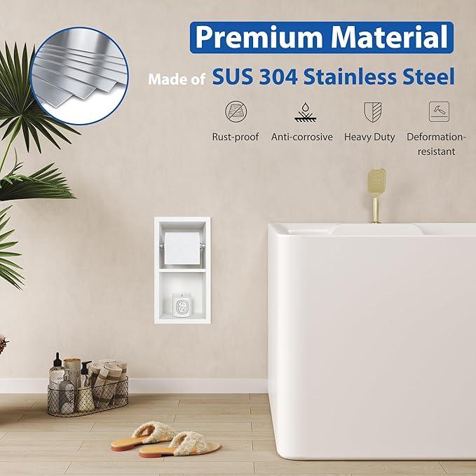 Recessed Toilet Paper Holder, 304 Stainless Steel Bathroom Toilet Paper Holder with Storage, in Wall Tissue Toilet Roll Holder, Matte White - ModernBath