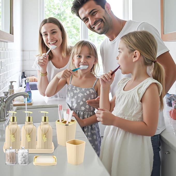 WSBArt 32PCS Bathroom Sets with Shower Curtain and Rugs-Beige Bathroom Accessories,Non Slip Bathroom Rugs Set with Toilet Lid Cover, Waterproof Shower Curtain, 3PC Soap Dispenser with Trash Can - ModernBath
