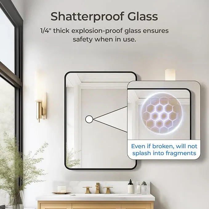 USHOWER Black Bathroom Mirror for Over Sink 22 x 30 Inch, Matte Black Rectangle Mirror for Wall, Rounded Metal Frame Vanity Mirror - ModernBath