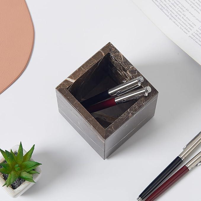 Real Natural Travertine Marble Toothbrush Holder & Pen Holder & Makeup Brush Holder & Utensil Holder, Genuine Stone Rectangular Bathroom Tumbler Cup, Durable Office & Home Countertop Organizer - ModernBath