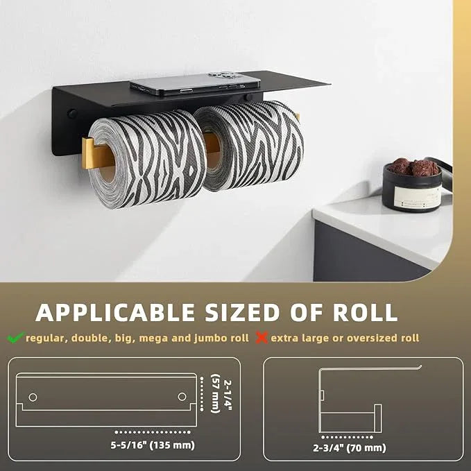 Angle Simple Double Toilet Paper Holder with Shelf, 304 Stainless Steel Bathroom Toilet Tissue Roll Holder for Wall Black and Gold - ModernBath