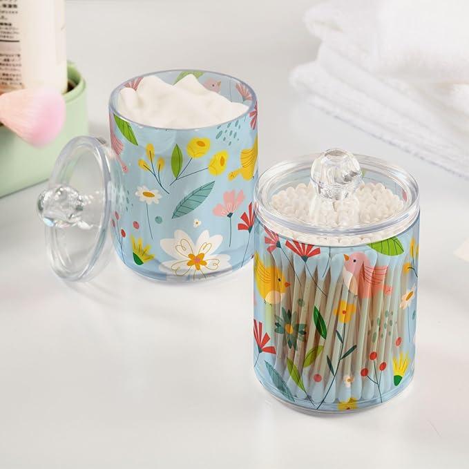 Tatenale Qtip Holder Bathroom Set Q tip Cotton Ball Swab Pad Dispenser Container Organizer Plastic Jars with Lids Storage 2Pack Cute Floral Birds Blue - ModernBath