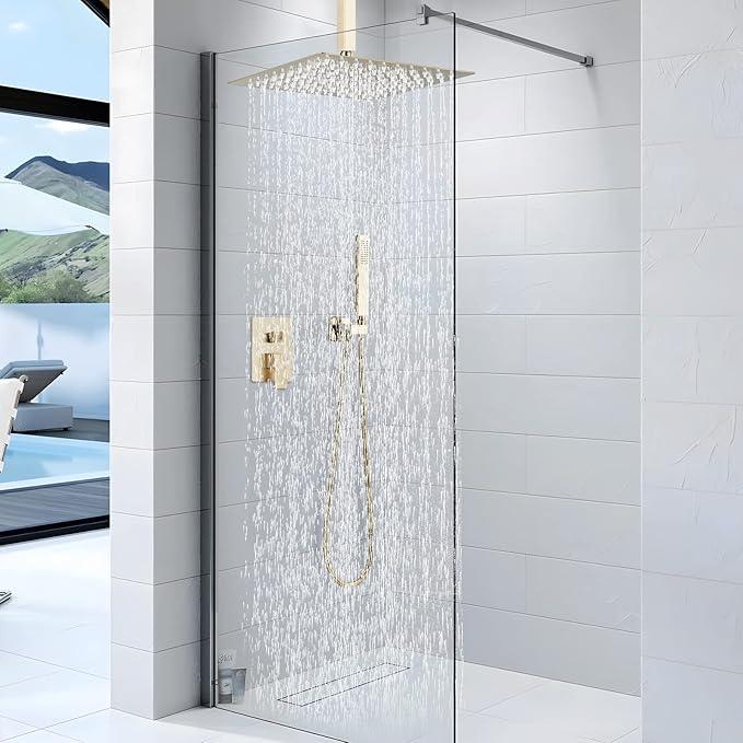 Shower Faucet Set Rain Shower System with 12 Inches Rain Shower Head and Handheld Spray, Bathroom Shower Fixtures Brushed Gold Shower Kit with Brass Valve,Ceiling Mounted - ModernBath