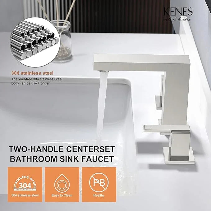 KENES 2 Handle Widespread Bathroom Faucets Brushed Nickel, Bathroom Sink Faucet 3 Hole Vanity Faucet with Lead-Free Supply Hose, KE-9050 - ModernBath