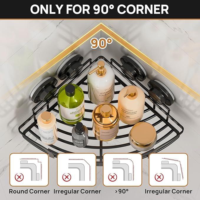 LEVERLOC 2 Pack Strong Suction Cup Corner Shower Caddy, Large Capacity Removable Bathroom Organizer, Stainless Steel Rustproof Shower Shelves with Hook, Drill-Free Wall Mounted Suction Basket, Black - ModernBath