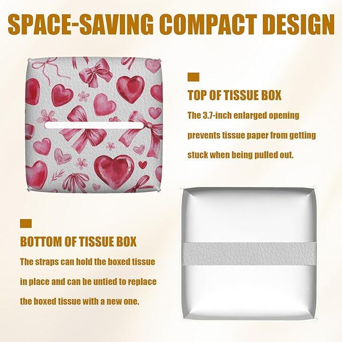 Pink Heart Bow Tissue Box Cover 2PCS, Leather Tissue Box Holder Square Facial Paper Case Tissue Box Cube Organizer for Bathroom Bedroom Desk Office - ModernBath
