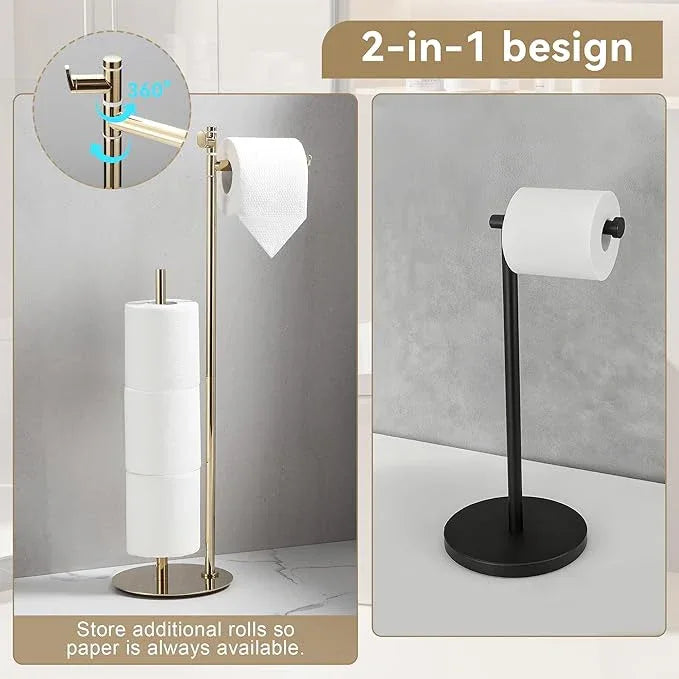 BGL Toilet Paper Holder Stand, SUS304 Stainless Steel Gold, Weighted Base, Holds 5 Jumbo Rolls, Space-Saving Modern Bathroom Storage with Built-in Hook - ModernBath