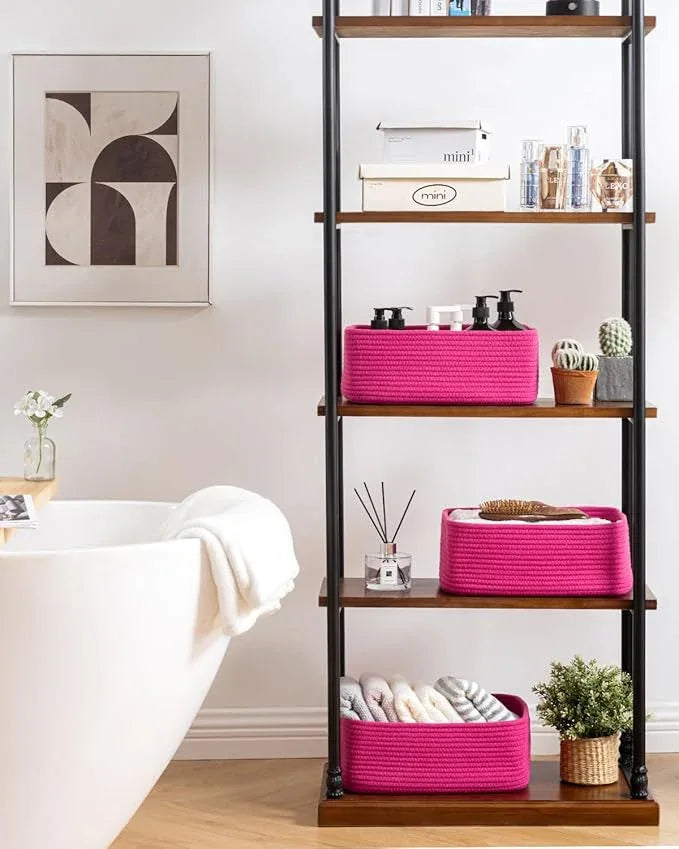 Small Woven Basket, 13.5 x 9.5 x 5 Inches, Storage Basket for Organizing, Cute Small Rope Shelf Closet Cube Storage Bins Baskets for Shelves, Dog Toy Gift Baskets Empty, 3 Packs, Hot Pink - ModernBath