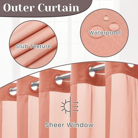 SORTTO No Hook Slub Textured Shower Curtain with Snap in Liner - Coral Fabric Outer Curtain & Waterproof Inner Liner, Hotel Style with See Through Top Window, 71x74 in - ModernBath