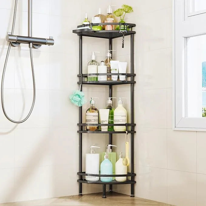 HapiRm Standing Corner Shower Caddy - 4 Tier Shower Organizer Corner with Soap Holder and 4 Hooks, Rustproof Bathroom Storage Shelves with Adhesives, Black - ModernBath