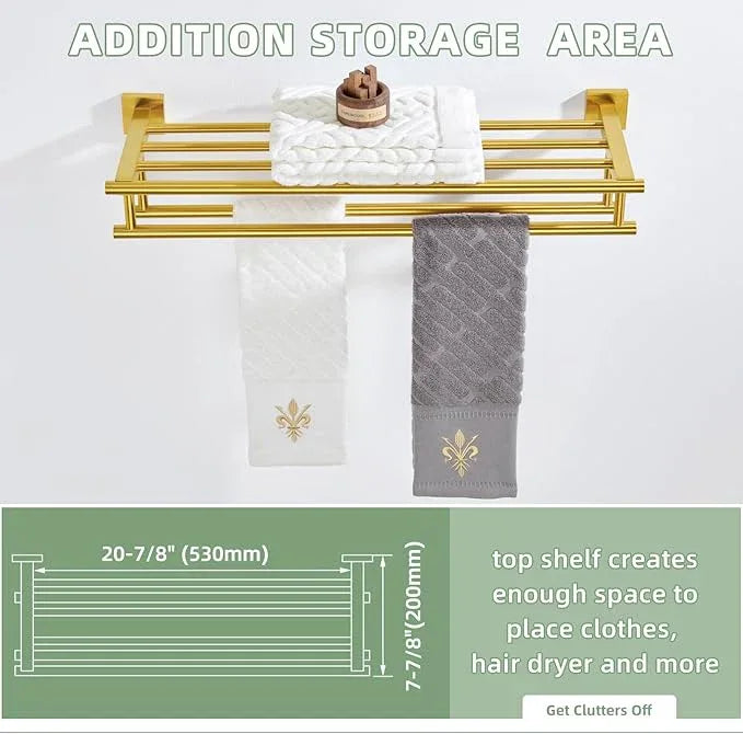 Bathroom Towel Shelf with Holder, Angle Simple SUS304 Stainless Steel Bath Towel Rack with Double Towel Bar, Wall Mount, Brushed Gold 23.62 Inches - ModernBath