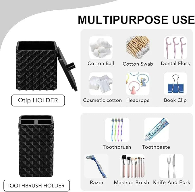 Bathroom Accessories Set Resin 6PCS, Square Toothbrush Holders Set Complete with Soap Dispenser, Vanity Tray, Tumbler, Cups and Cotton Swab Jars (Black Diamond, Resin Bath 6 PCS) - ModernBath