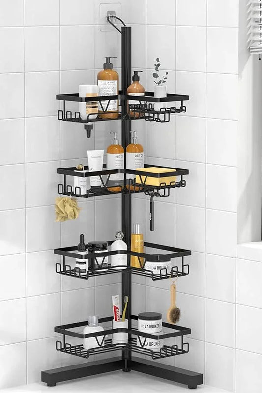 KEGII Corner Shower Caddy Standing – 4-Tier Shower Shelf Organizer with Hooks & Soap Holder, Free-Standing Bathroom Storage Rack for Shampoo & Toiletries, Black - ModernBath