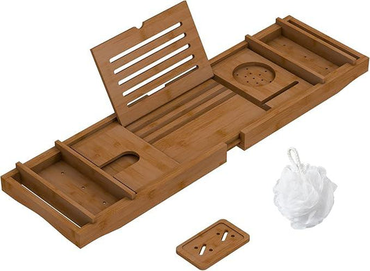 Bamboo Bathtub Tray for Luxury Bathroom, Expandable Premium Bath Tray with Soap Towel Book Holder, Luxury Spa Wooden Bath Table for Reading Laptop Over The Clawfoot Walnut - ModernBath
