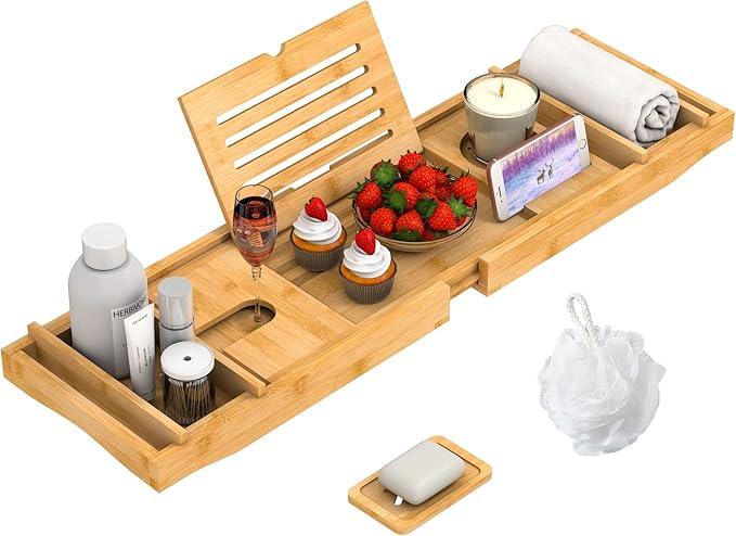 Bamboo Bathtub Tray for Luxury Bathroom, Expandable Premium Bath Tray w/Soap Towel Book Holder, Adjustable Bath Accessories for Tub,Extendable Tub Tray w/Wine Glass Cup Organizer 29.5"-43.3" Nature - ModernBath