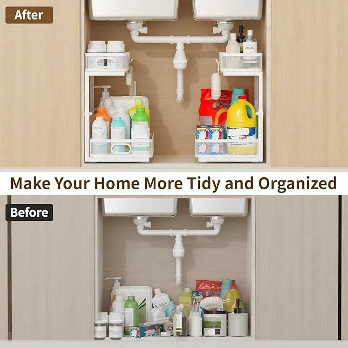 Under Sink Organizer 1 Pack, 2-Tier Slide Out Cabinet Organizer with Metal Sliding Drawer and Hooks, Pull Out Storage Baskets for Kitchen Bathroom Pantry Cabinet Organization (White (1 pack)) - ModernBath