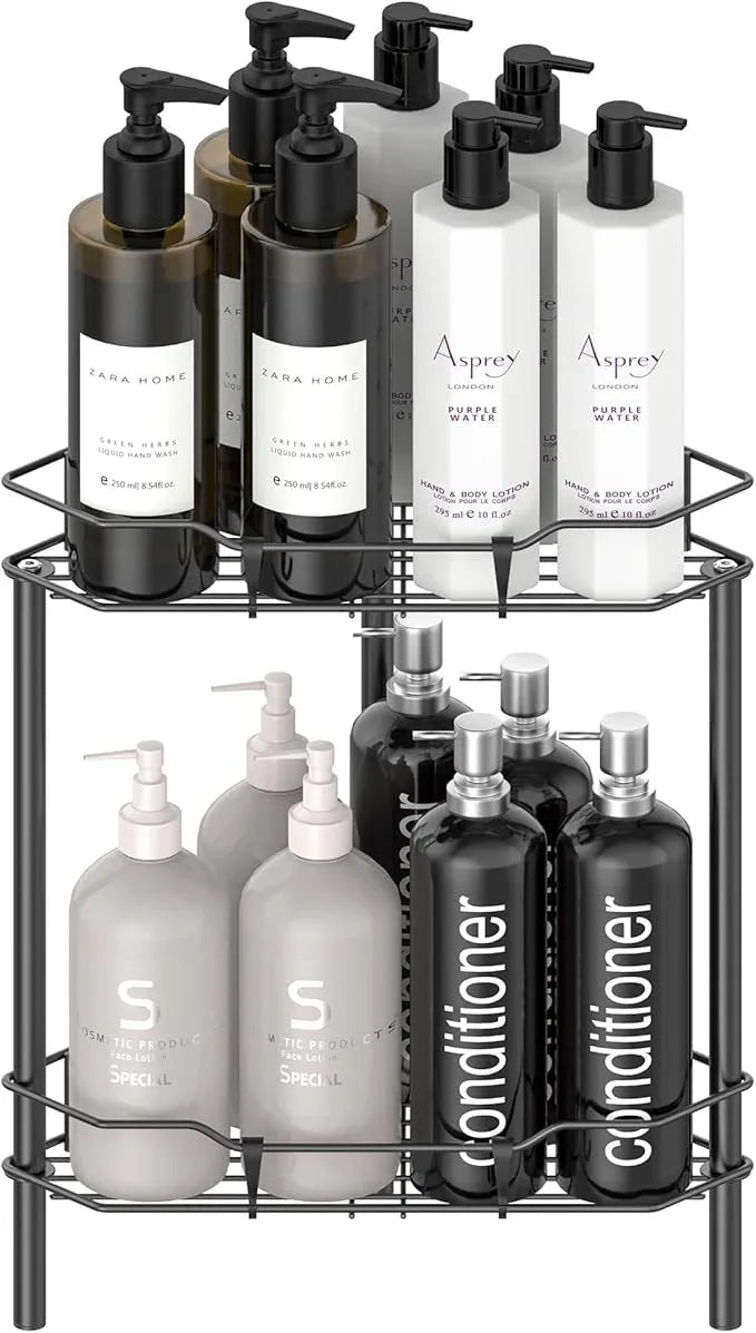 2 Tier Floor Standing Corner Shower Caddy Organizer Shelf with Hooks, Bathroom Shelves Stand Rack, Matt Black - ModernBath