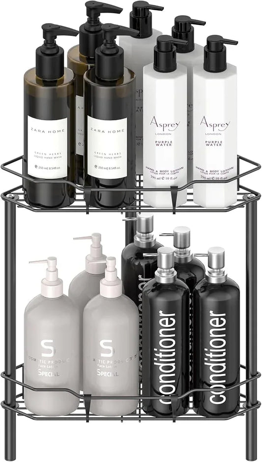 2 Tier Floor Standing Corner Shower Caddy Organizer Shelf with Hooks, Bathroom Shelves Stand Rack, Matt Black - ModernBath