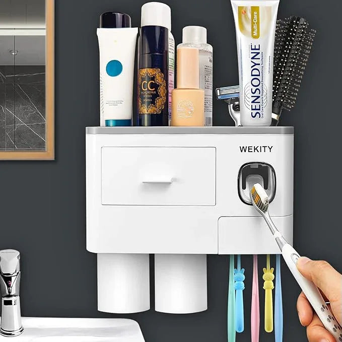 Wekity Multifunctional Wall-Mounted Toothbrush Holder, Automatic Toothpaste Dispenser Space Saving Toothbrush and Toothpaste Holder, with 2 Cups and Drawers Cosmetic Organizer(Grey) - ModernBath