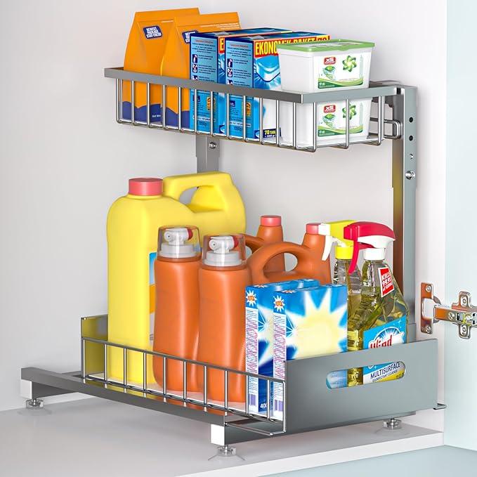 Under Sink Organizer for Kitchen and Bathroom, 2 Tier Pull Out Storage Rack - Height Adjustable Heavy Duty Metal Basket with High Capacity & Safety Stopper, Rustproof for Cleaning Supplies 1 Pack - ModernBath