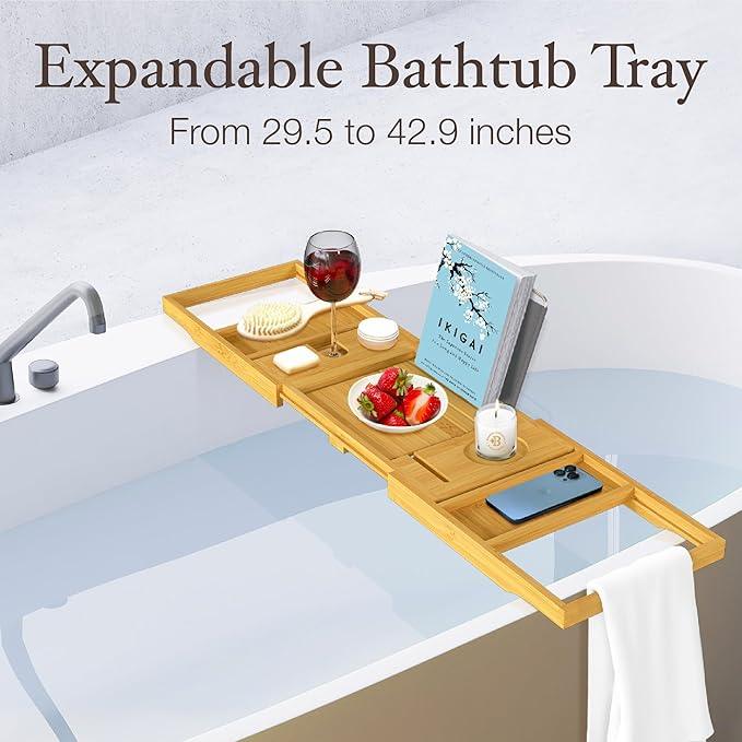 Wooden Bathtub Tray - Foldable Expandable Bamboo Bath Tray for Tub with Wine Holder, Book & Tablet Stand - Bath Caddy for Bathtub, Spa Bath Accessories for Women, Tub Tray Table, Gift for Her or Him - ModernBath