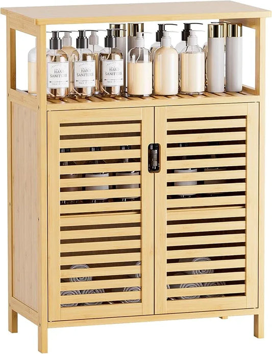 HITNET Bathroom Cabinet Freestanding, Bamboo Storage Cabinet 4-Tier Floor Cupboard with Door and Shelf for Bathroom, Kitchen, Hallway, Natural - ModernBath