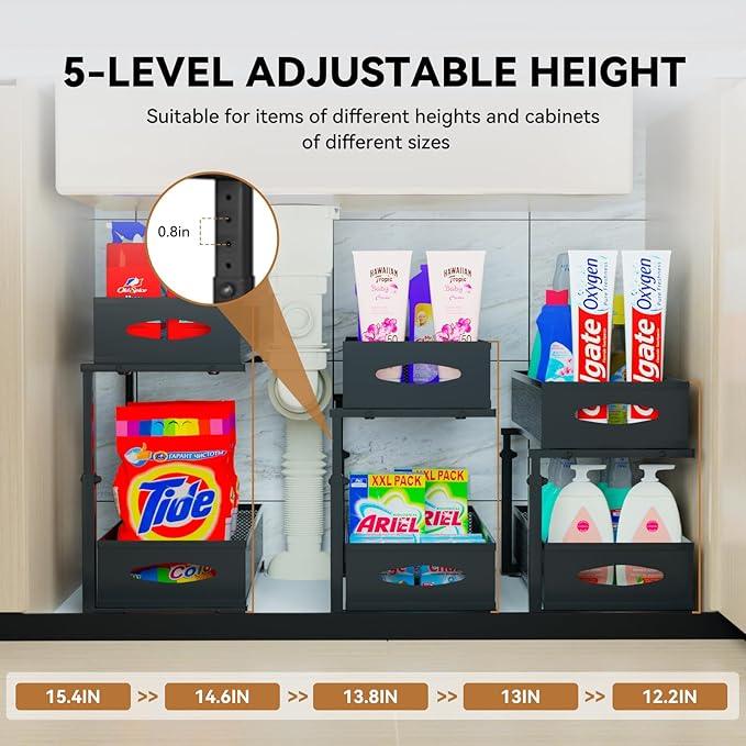 2 Pack Under Sink Organizer,2 Tier Pull Out Sink Shelf,Cabinet Organizer Shelves,Under Sink Shelf,Metal Sliding Drawer Storage for Kitchen Bathroom,Height Adjustable,Black - ModernBath