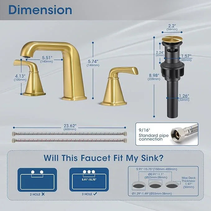 Gold Bathroom Faucet,Bathroom Sink Faucet,Brushed Gold Bathroom Faucet 3 Hole, with Pop Up Drain and CUPC Supply Lines for Vanity,Lavatory RV Farmhouse (HG-8904-BG) - ModernBath