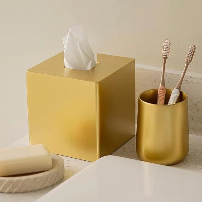 Yew Design Gold Square Tissue Box Cover, Decorative Tissue Box Dispenser for Bathroom, Parlors, Office, Bedroom Dresser, Vanity Countertop, Nightstand, Car, and Desk - ModernBath