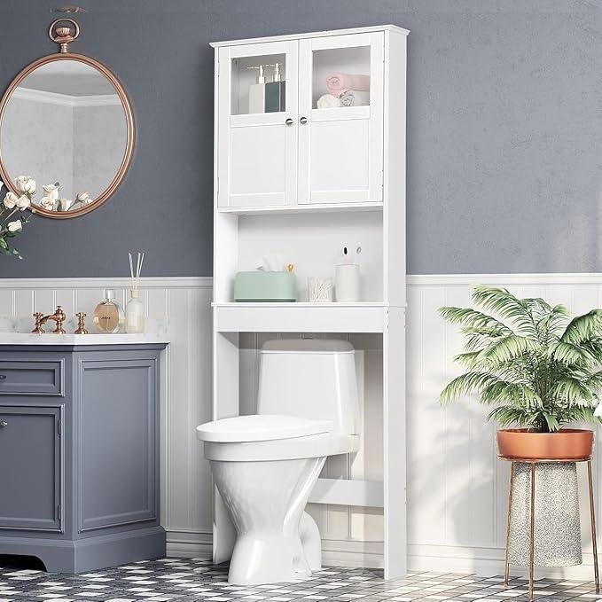 VINGLI Over The Toilet Storage Cabinet White Bathroom Storage Organizer Above The Toilet Shelf with Acrylic Glass Double Doors Wood Muebles para BañO Rack with Adjustable Shelf - ModernBath
