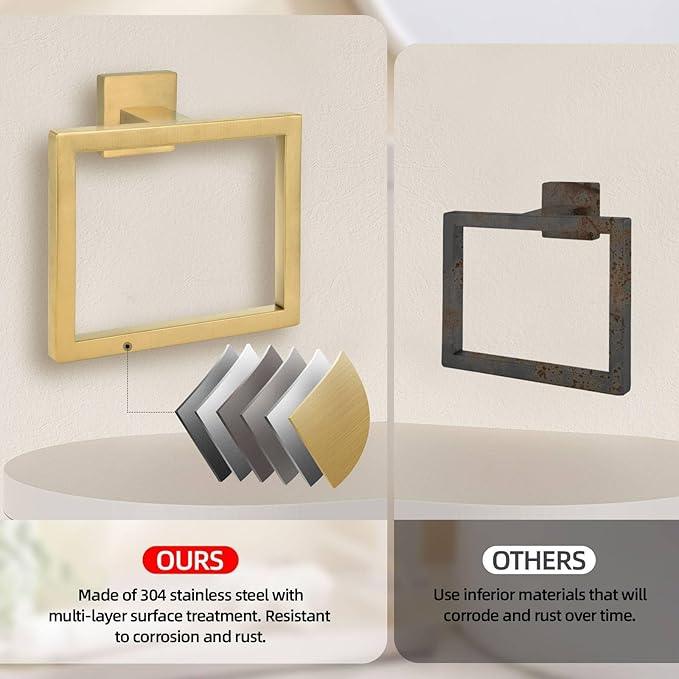 2-Piece Brushed Gold Towel Ring,Square Hand Towel Holder,Stainless Steel Modern Towel Holder Wall-Mounted Bathroom Towel Ring Towel Rack - ModernBath