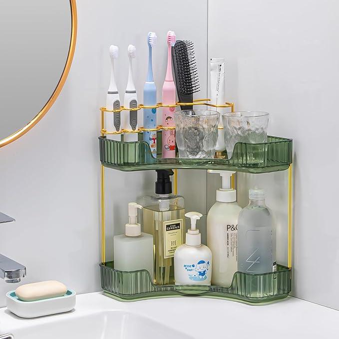shuang qing Upgraded 2-Tier Corner Bathroom Countertop Organizer – Spacious Storage for Makeup, Skincare & Perfumes, Built-in Brush Holder Fits Vanity/Dresser/Bsthtub (Sage Green) - ModernBath