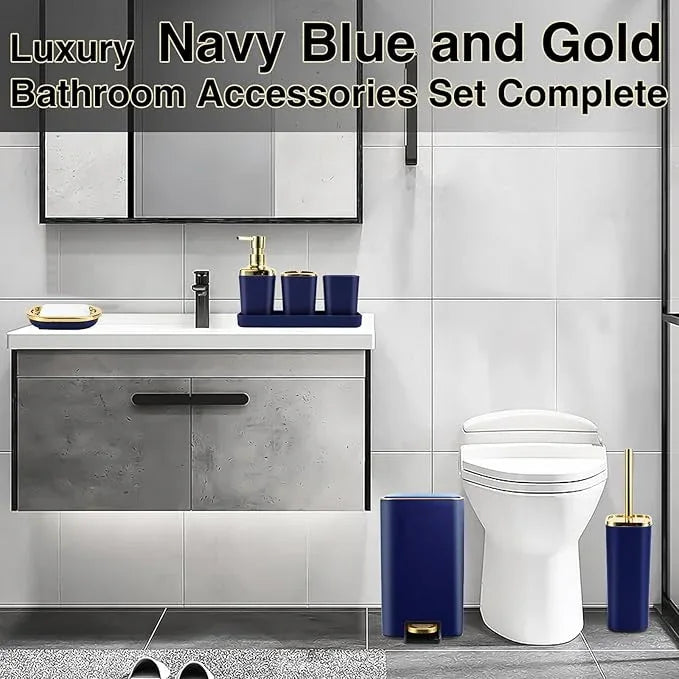 XLHOMO Navy Blue Bathroom Accessories Set 8 Piece Navy Blue and Gold Bathroom Set, Bathroom Sets with Stainless Steel Trash Can,Toilet Brush,Toothbrush Set,Soap Dispenser - ModernBath