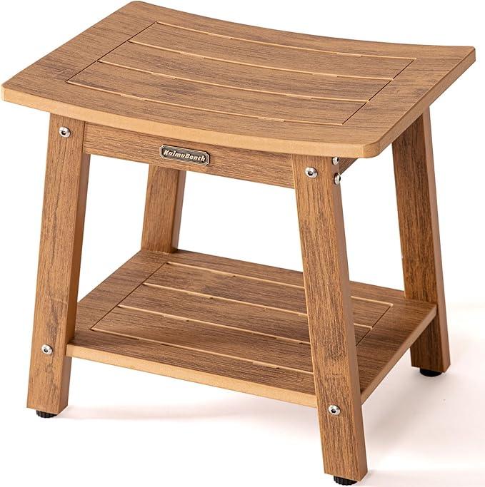 HDPS Shower Bench Seat for Inside, Waterproof Poly Lumber Shower Stool for Shaving Legs, Bathroom Foot Rest with Storage Shelf, Plastic Bath Chair Seat for with Adjustable Feet, No Maintenance, Brown - ModernBath