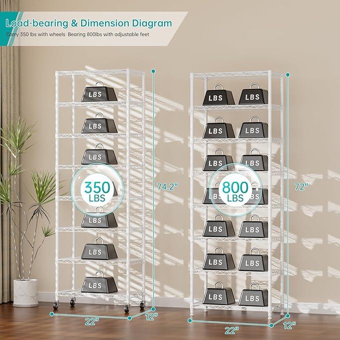 SINGAYE 8 Tier Shelf Organizer Storage Metal Shelves Garage Wire Shelving Unit Pantry Rack Adjustable Standing Storage for Kitchen Closet Laundry Bathroom Pantry 12" D x 22" W x 74" H White - ModernBath