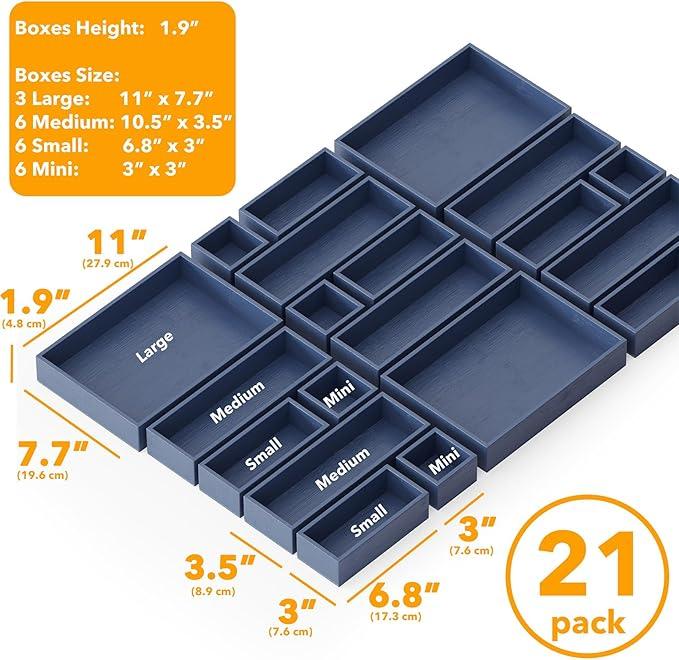 SpaceAid 21-Piece Bamboo Drawer Organizer Storage Boxes Set, Wood Tray Junk Drawer Organizers Multi-Use Divider Bins for Kitchen, Bathroom, Office Desk and Makeup Organization (21 Pack, Navy Blue) - ModernBath