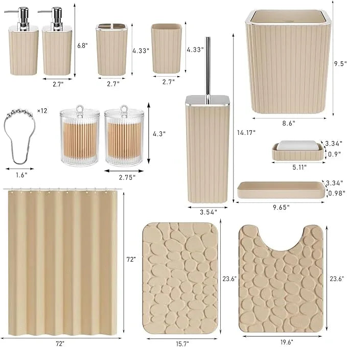 XLHOMO Bathroom Accessories Set - 25PC Bathroom Sets with Shower Curtain and Rugs, Beige Bathroom Set with Trash Can, Soap Dispenser, Soap Dish & Toilet Brush - ModernBath