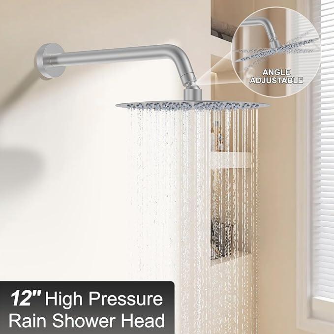 12-Inch Brushed Nickel Shower System: Ultimate High-Pressure Experience with Rainfall & Handheld Heads, Wall-Mounted Mixer, Rough-In Valve, & Trim Kit - ModernBath