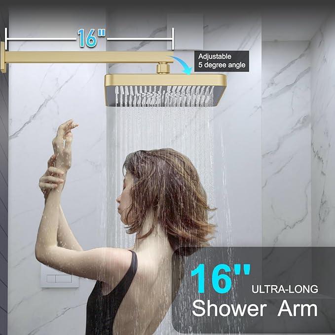 Shower System 13-Inch Rainfall Shower Head - 3 Setting Handheld Sprayer, Complete Bathroom Set with Faucet Mixer Trim Kit & Valve Brushed Gold - ModernBath