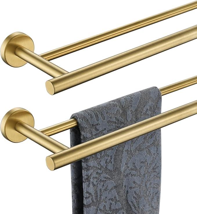 JQK Gold Double Towel Bar, 20.5 Inch 304 Stainless Steel Thicken 0.8mm Towel Rack Bathroom, Towel Holder Brushed Gold Wall Mount, Useable Length 18 Inch 2 Pack, TB100L18-BG-P2 - ModernBath