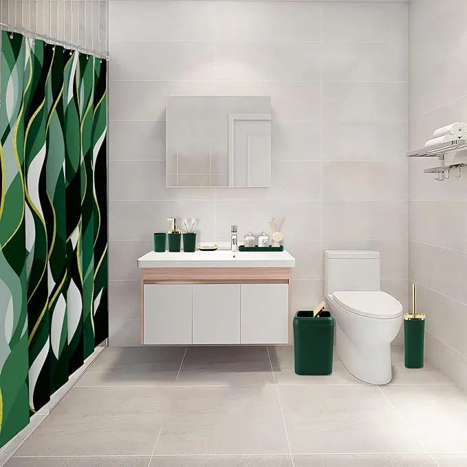 XLHOMO Green Bathroom Set, Bathroom Sets with Stripe Shower Curtain, Green and Gold Bathroom Accessories with Trash Can, Soap Dispenser, Soap Dish, Toilet Brush Holder, Qtip Holders for Bathroom - ModernBath